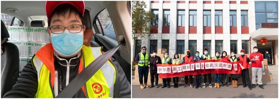 左圖：10輛轎車后座和后備箱堆滿了菜，出發(fā)送給社區(qū)；右圖：各位志愿者協(xié)助接收消毒防護(hù)物資